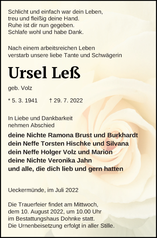 Traueranzeige von Ursel Leß von Haff-Zeitung