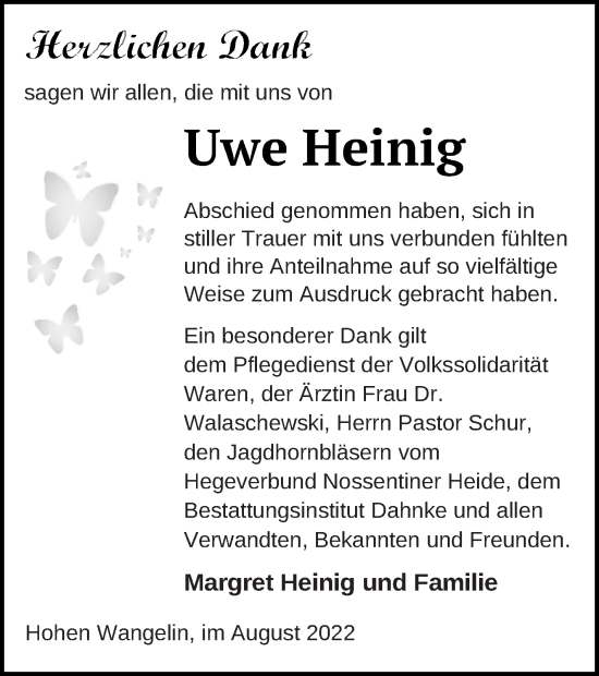 Traueranzeige von Uwe Heinig von Müritz-Zeitung