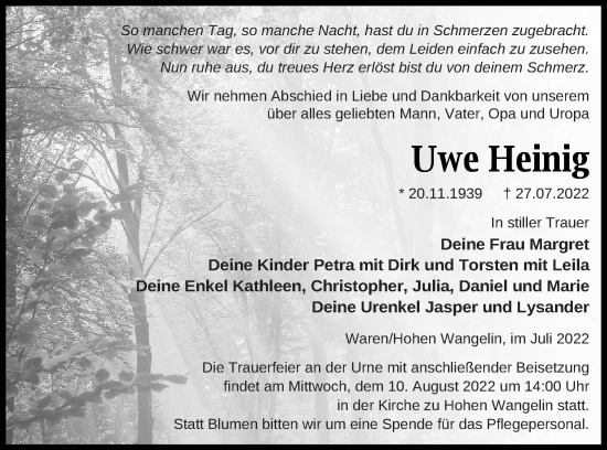 Traueranzeige von Uwe Heinig von Müritz-Zeitung