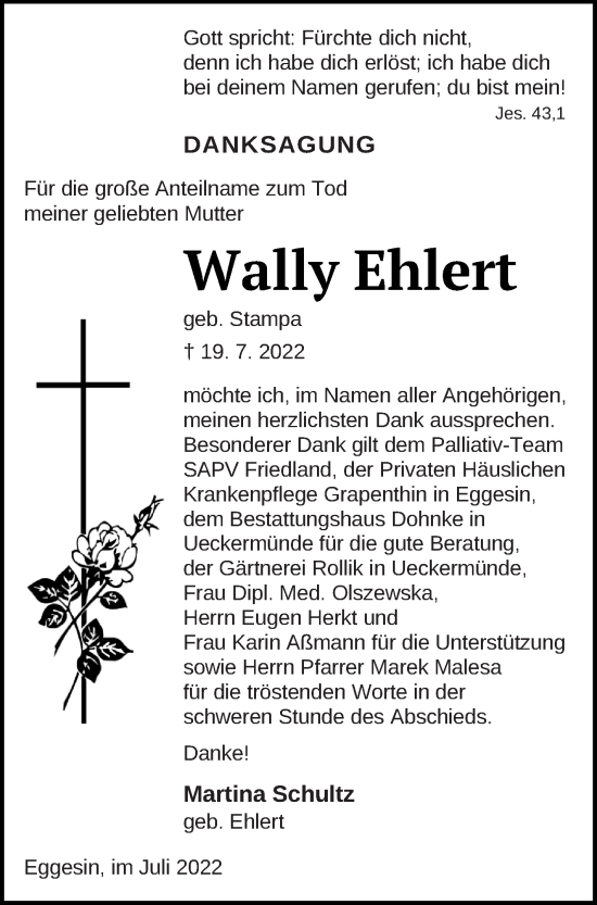 Traueranzeige von Wally Ehlert von Haff-Zeitung