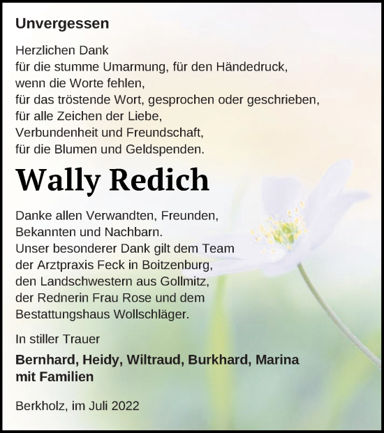 Traueranzeige von Wally Redich von Prenzlauer Zeitung