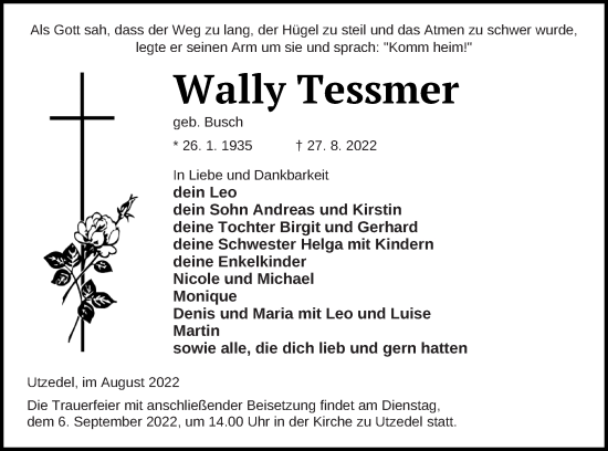 Traueranzeige von Wally Tessmer von Demminer Zeitung