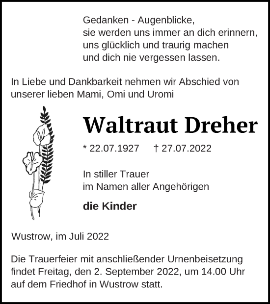 Traueranzeige von Waltraut Dreher von Strelitzer Zeitung