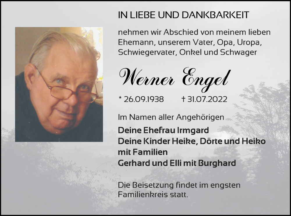  Traueranzeige für Werner Engel vom 06.08.2022 aus Müritz-Zeitung