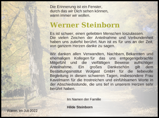 Traueranzeige von Werner Steinborn von Müritz-Zeitung