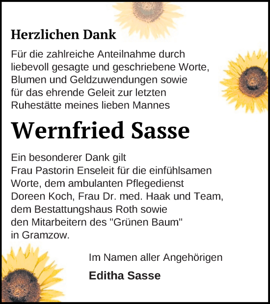 Traueranzeige von Wernfried Sasse von Prenzlauer Zeitung