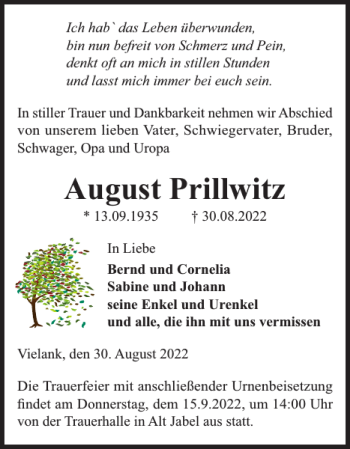 Traueranzeige von August Prillwitz von Ludwigsluster Tageblatt