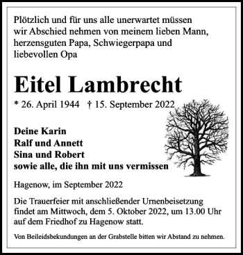 Traueranzeige von Eitel Lambrecht von Hagenower Kreisblatt