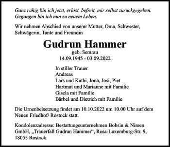 Traueranzeige von Gudrun Hammer von Norddeutsche Neueste Nachrichten