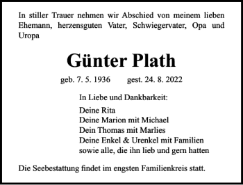 Traueranzeige von Günter Plath von Norddeutsche Neueste Nachrichten