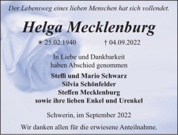 Traueranzeige von Helga Mecklenburg von Zeitung für die Landeshauptstadt