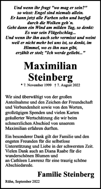 Traueranzeige von Maximilian Steinberg von Bützower Zeitung