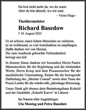 Traueranzeige von Richard Basedow von Gadebusch-Rehnaer Zeitung