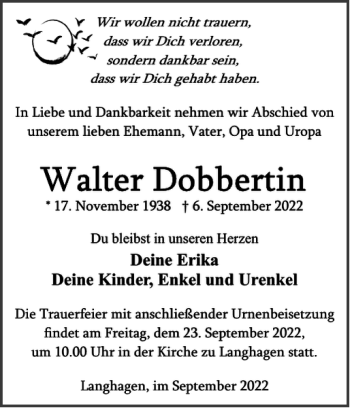 Traueranzeige von Walter Dobbertin von Güstrower Tageblatt