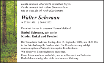 Traueranzeige von Walter Schwaan von Parchimer Zeitung