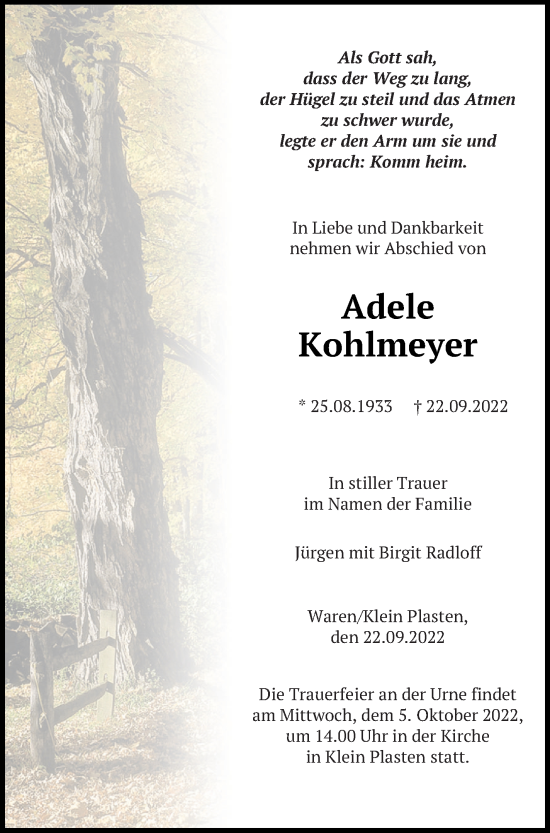 Traueranzeige von Adele Kohlmeyer von Müritz-Zeitung