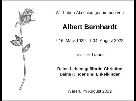 Traueranzeige von Albert Bernhardt von Müritz-Zeitung