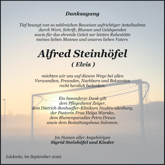 Traueranzeige von Alfred Steinhöfel von Pasewalker Zeitung