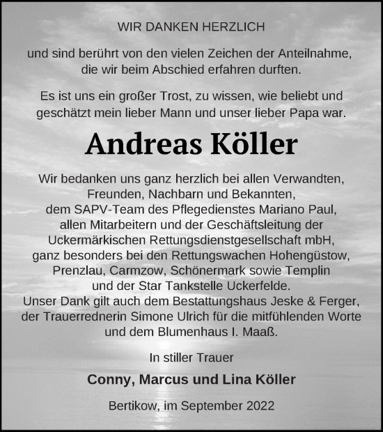 Traueranzeige von Andreas Köller von Prenzlauer Zeitung