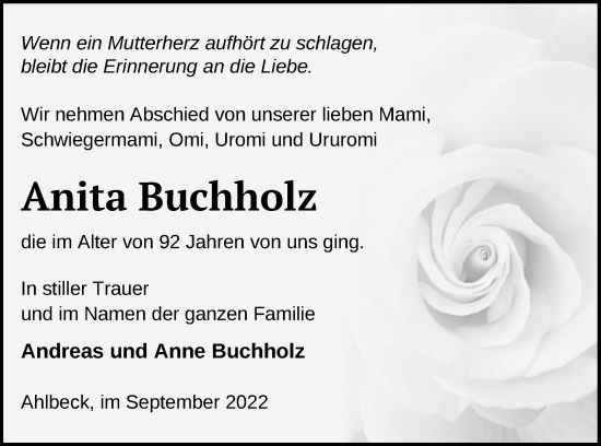 Traueranzeige von Anita Buchholz von Vorpommern Kurier