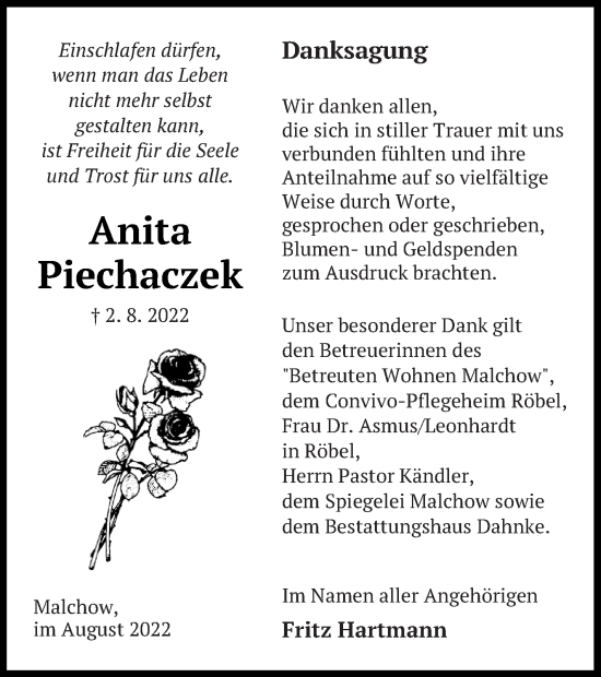 Traueranzeige von Anita Piechaczek von Müritz-Zeitung