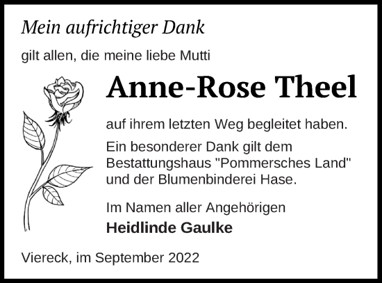 Traueranzeige von Anne-Rose Theel von Pasewalker Zeitung