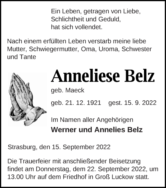 Traueranzeige von Anneliese Belz von Pasewalker Zeitung