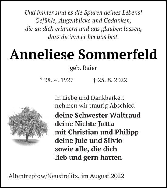 Traueranzeige von Anneliese Sommerfeld von Neubrandenburger Zeitung