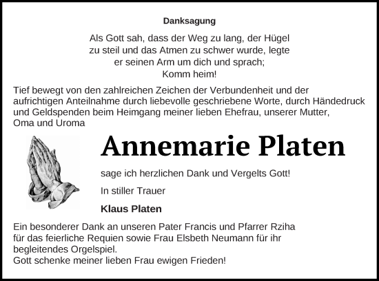 Traueranzeige von Annemarie Platen von Mecklenburger Schweiz