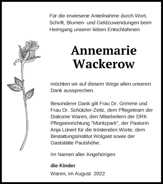 Traueranzeige von Annemarie Wackerow von Müritz-Zeitung