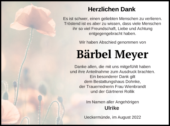 Traueranzeige von Bärbel Meyer von Haff-Zeitung