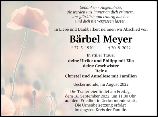 Traueranzeige von Bärbel Meyer von Haff-Zeitung