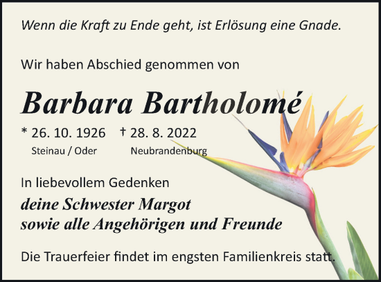 Traueranzeige von Barbara Bartholome von Neubrandenburger Zeitung