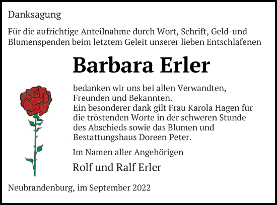 Traueranzeige von Barbara Erler von Neubrandenburger Zeitung