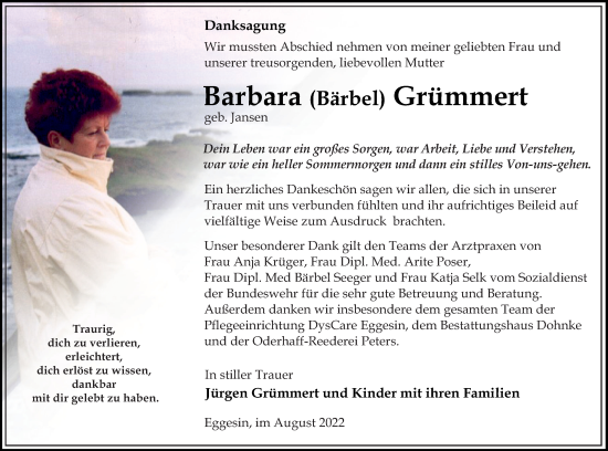 Traueranzeige von Barbara Grümmert von Haff-Zeitung