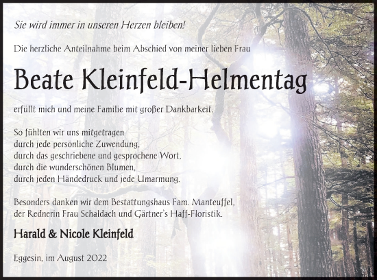 Traueranzeige von Beate Kleinfeld-Helmentag von Haff-Zeitung