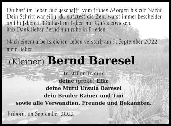 Traueranzeige von Bernd Baresel von Müritz-Zeitung