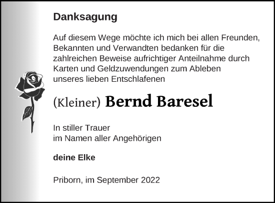 Traueranzeige von Bernd Baresel von Müritz-Zeitung