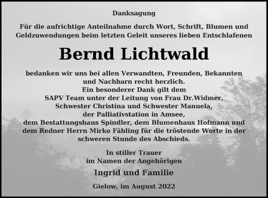 Traueranzeige von Bernd Lichtwald von Mecklenburger Schweiz