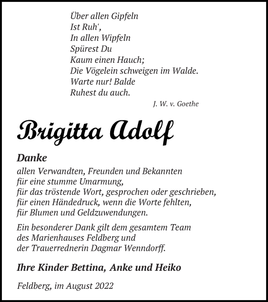 Traueranzeige von Brigitta Adolf von Strelitzer Zeitung