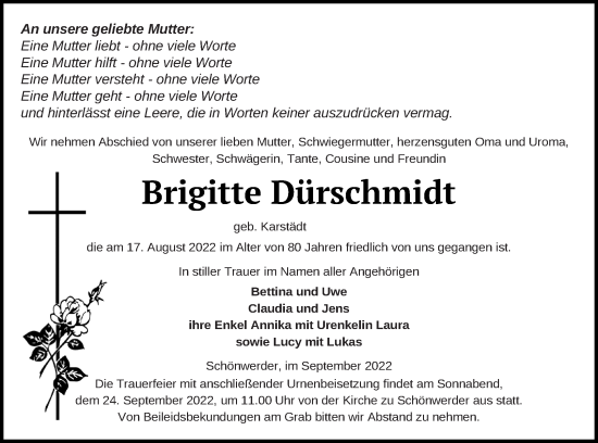 Traueranzeige von Brigitte Dürschmidt von Prenzlauer Zeitung