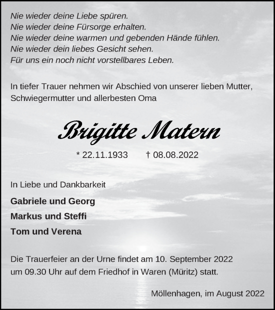 Traueranzeige von Brigitte Matern von Müritz-Zeitung