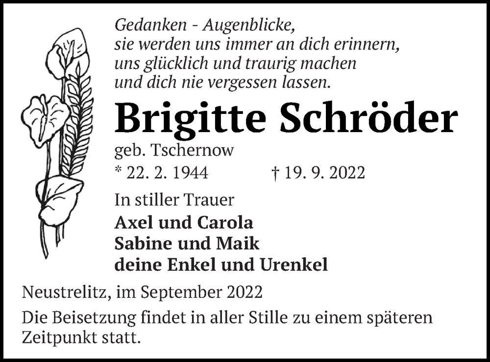  Traueranzeige für Brigitte Schröder vom 22.09.2022 aus Strelitzer Zeitung