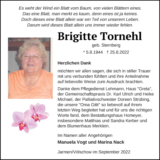 Traueranzeige von Brigitte Tornehl von Vorpommern Kurier