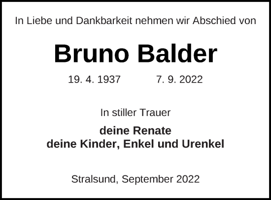 Traueranzeige von Bruno Balder von Mecklenburger Schweiz