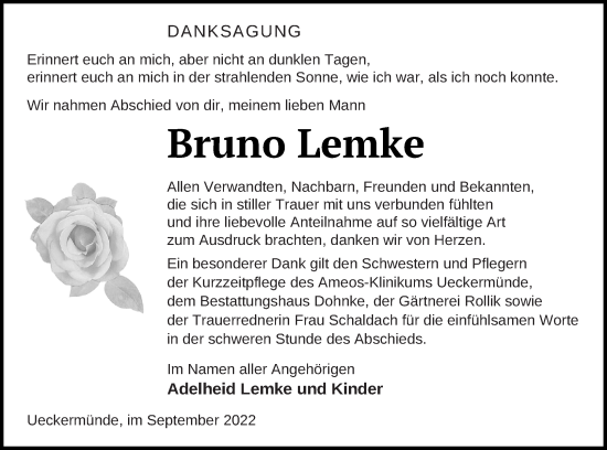 Traueranzeige von Bruno Lemke von Haff-Zeitung