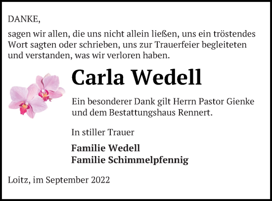 Traueranzeige von Carla Wedell von Vorpommern Kurier