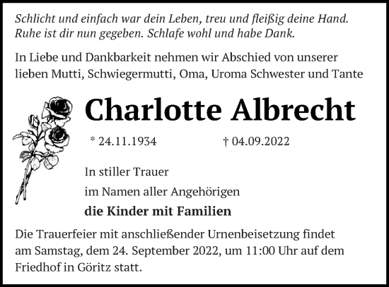 Traueranzeige von Charlotte Albrecht von Prenzlauer Zeitung