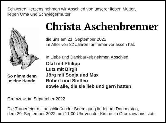 Traueranzeige von Christa Asche-brenner von Prenzlauer Zeitung