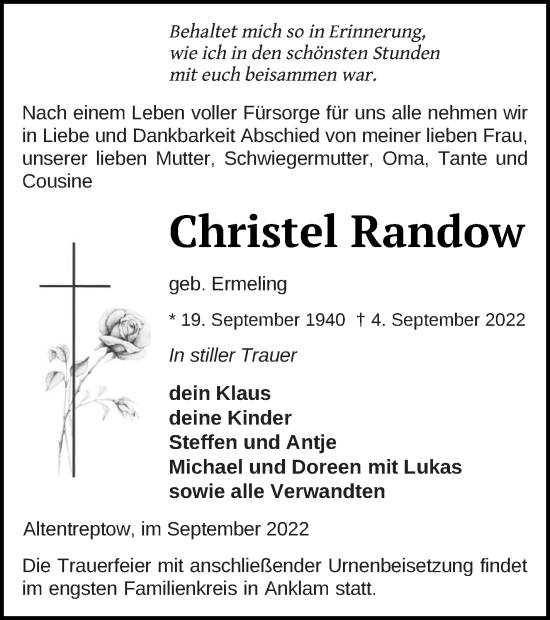 Traueranzeige von Christel Randow von Neubrandenburger Zeitung